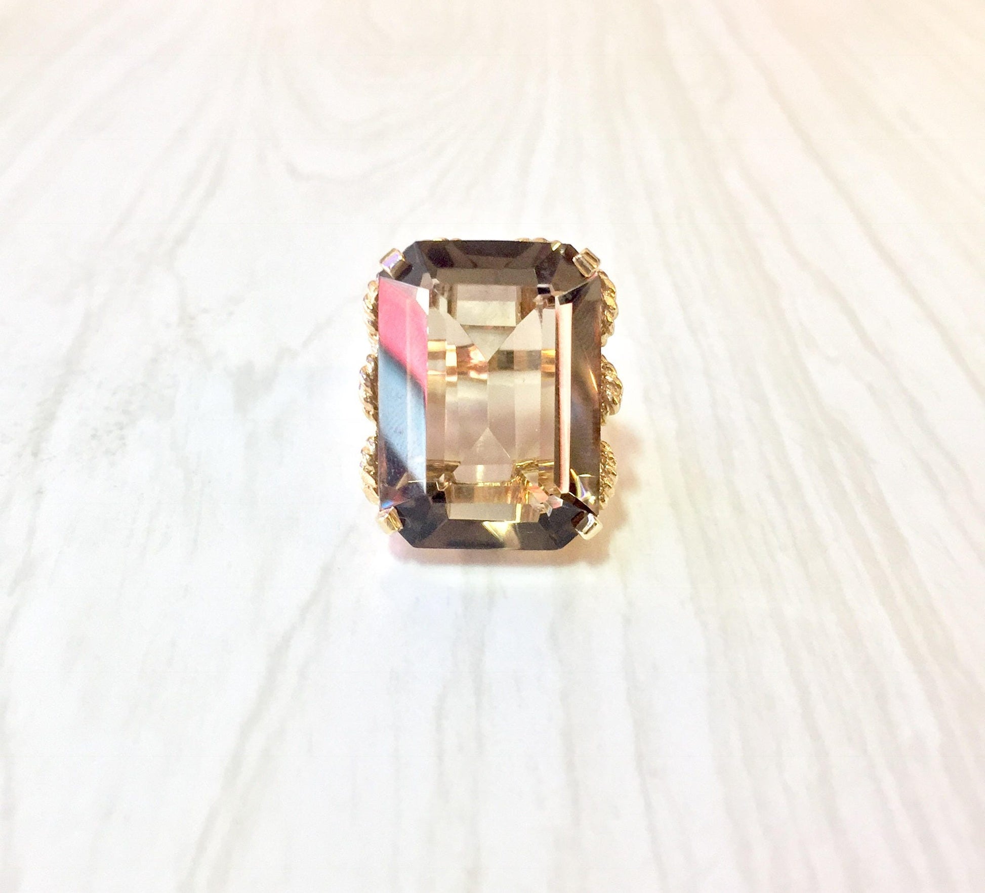 14 karat yellow gold emerald cut smoky quartz cocktail ring, size 7 US, statement jewelry gift