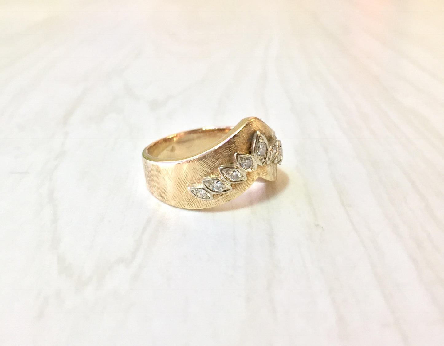 14K yellow gold chevron V-shaped ring with diamonds, stackable engagement or wedding band