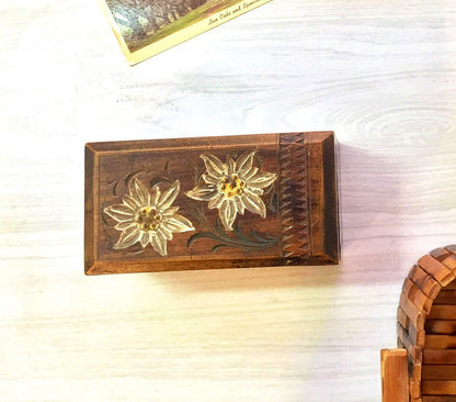 Polish hand carved wooden box with edelweiss flower design, decorative trinket or recipe box for storage