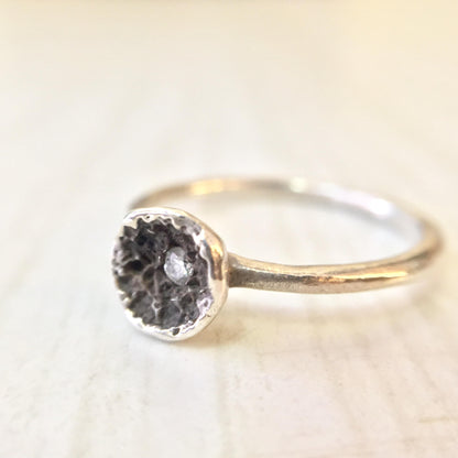 Vintage sterling silver ring with round diamond solitaire, delicate band, engagement or promise ring gift idea