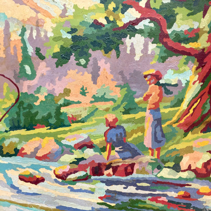 Two people fishing by a stream in a colorful impressionist landscape painting with trees, mountains and flowers, vintage framed paint-by-numbers artwork.