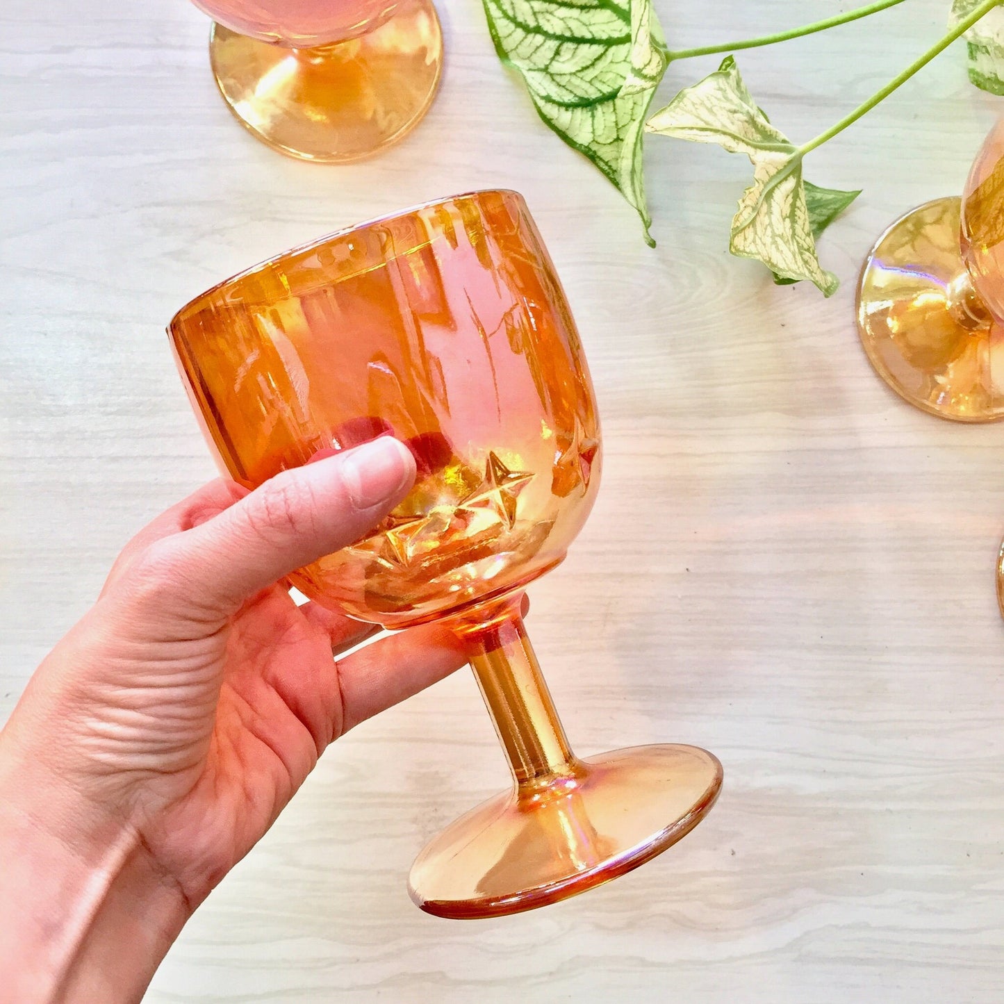 Set of Four Opalescent Wine Glasses | Carnival Glass | Orange Wine Glasses | Home Decor | Glazed Stemware | Wine Glass | Goblet |