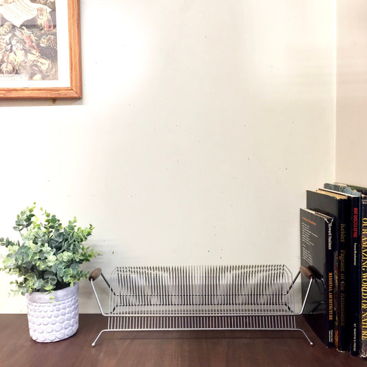 Vintage wire record rack with wooden handles in a midcentury modern home setting, featuring books, a plant, and framed artwork on the wall.