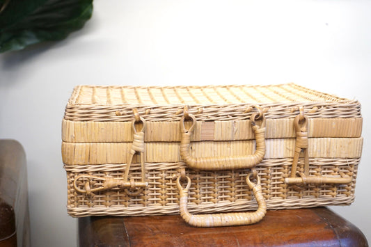 Vintage woven wicker briefcase-style picnic basket with rope handles, bohemian midcentury home decor