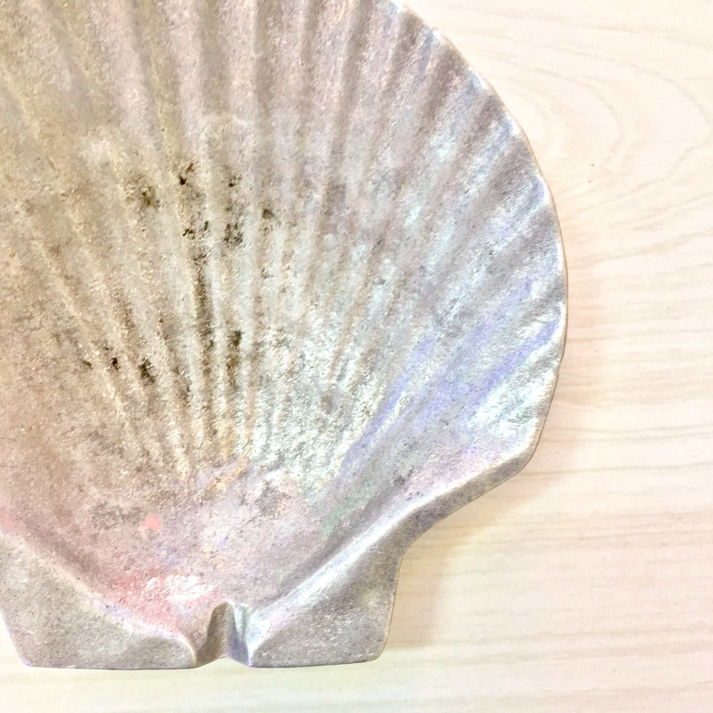 Iridescent seashell-shaped pewter ash tray or jewelry dish with textured ridges and subtle rainbow hues on a cream colored background.