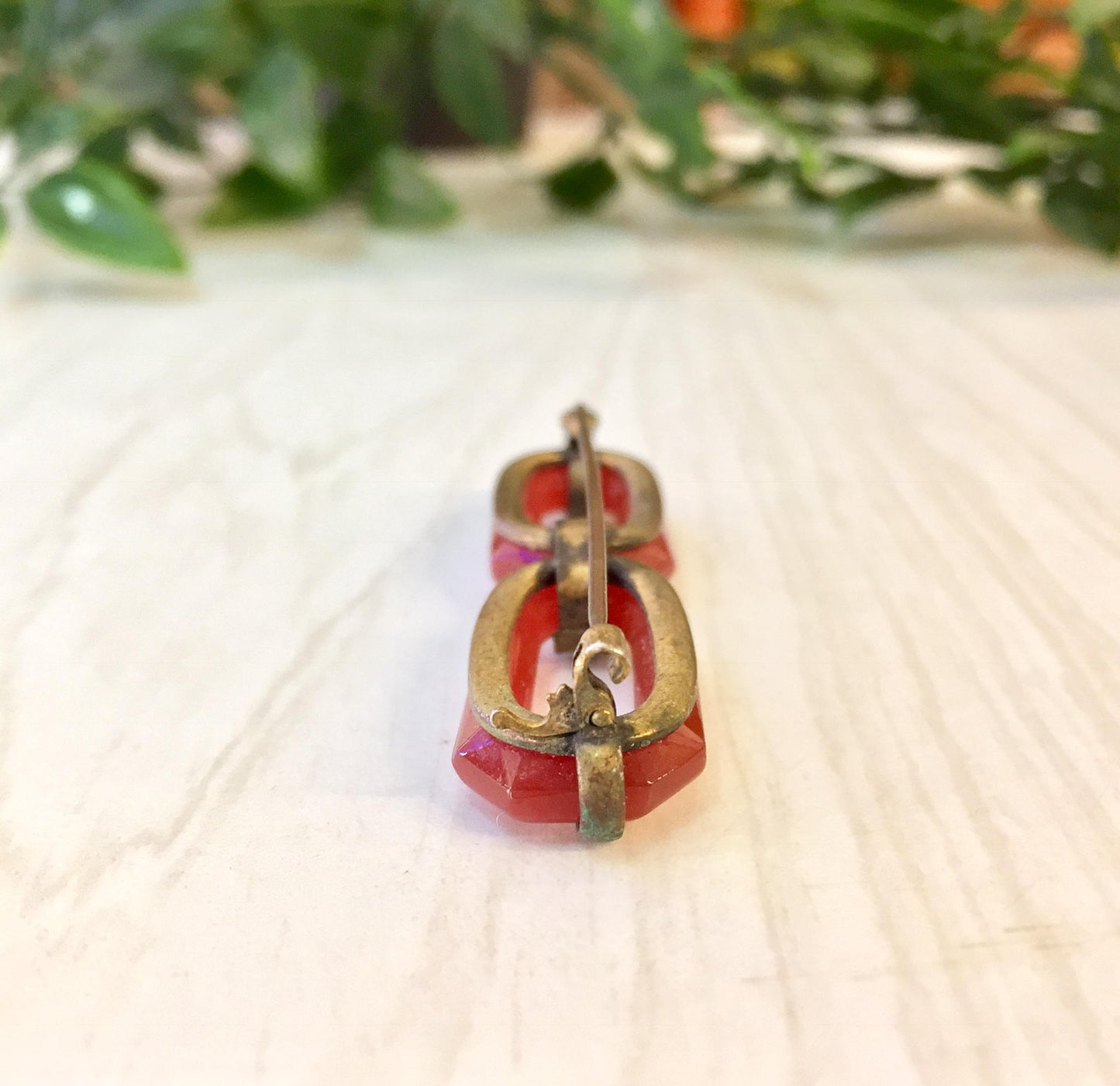 Vintage red and green carnelian brooch pin against wooden background with blurred foliage in the background.