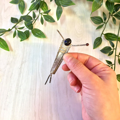 Hand holding a vintage silver brooch with black onyx and red stone accents, displayed in front of green foliage.