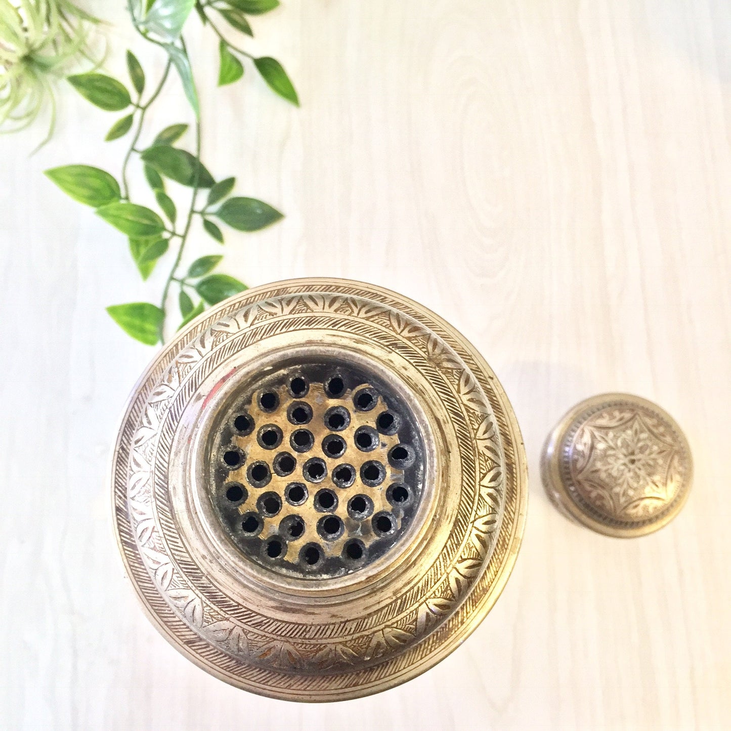 Vintage etched silver cocktail shaker with floral design and perforated strainer top, placed next to green foliage sprig on off-white background.