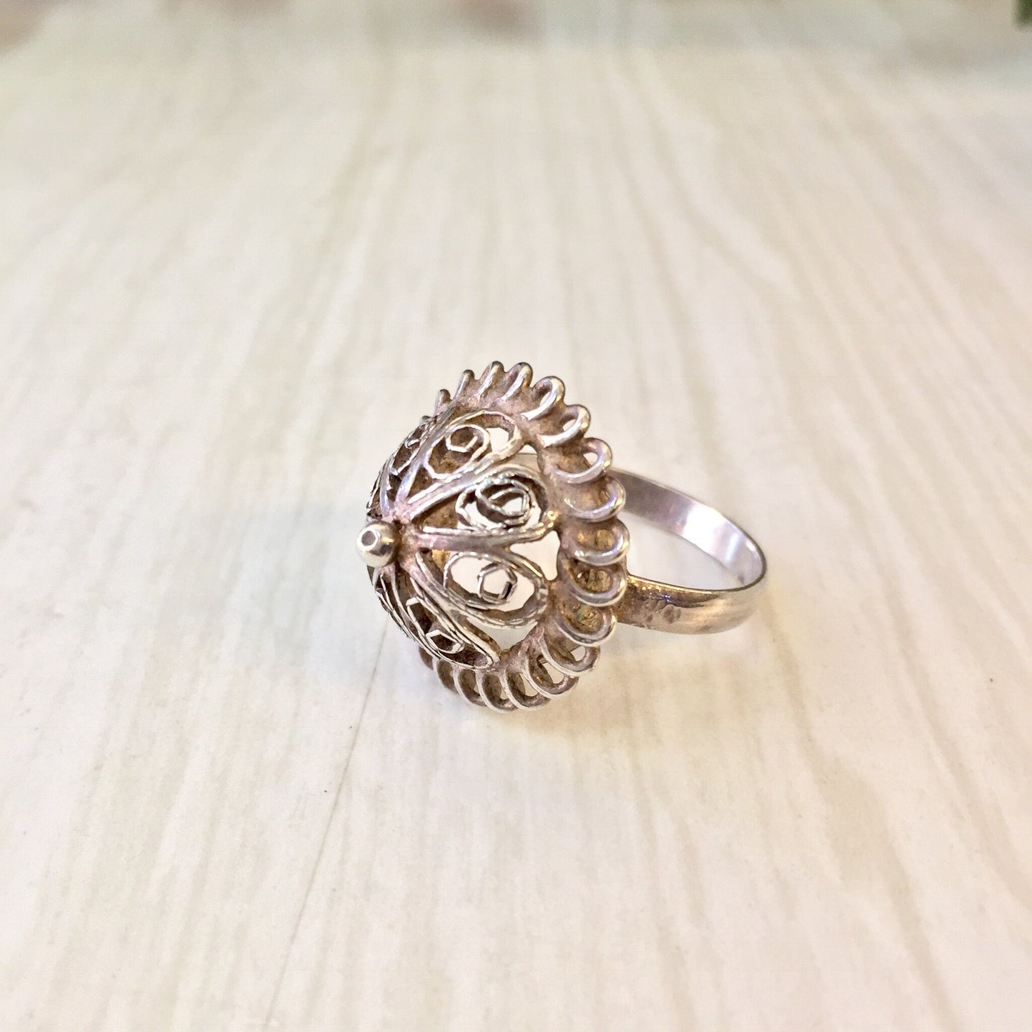 Vintage sterling silver dome ring with intricate cut-out design, suitable for weddings or as a Mother's Day gift.