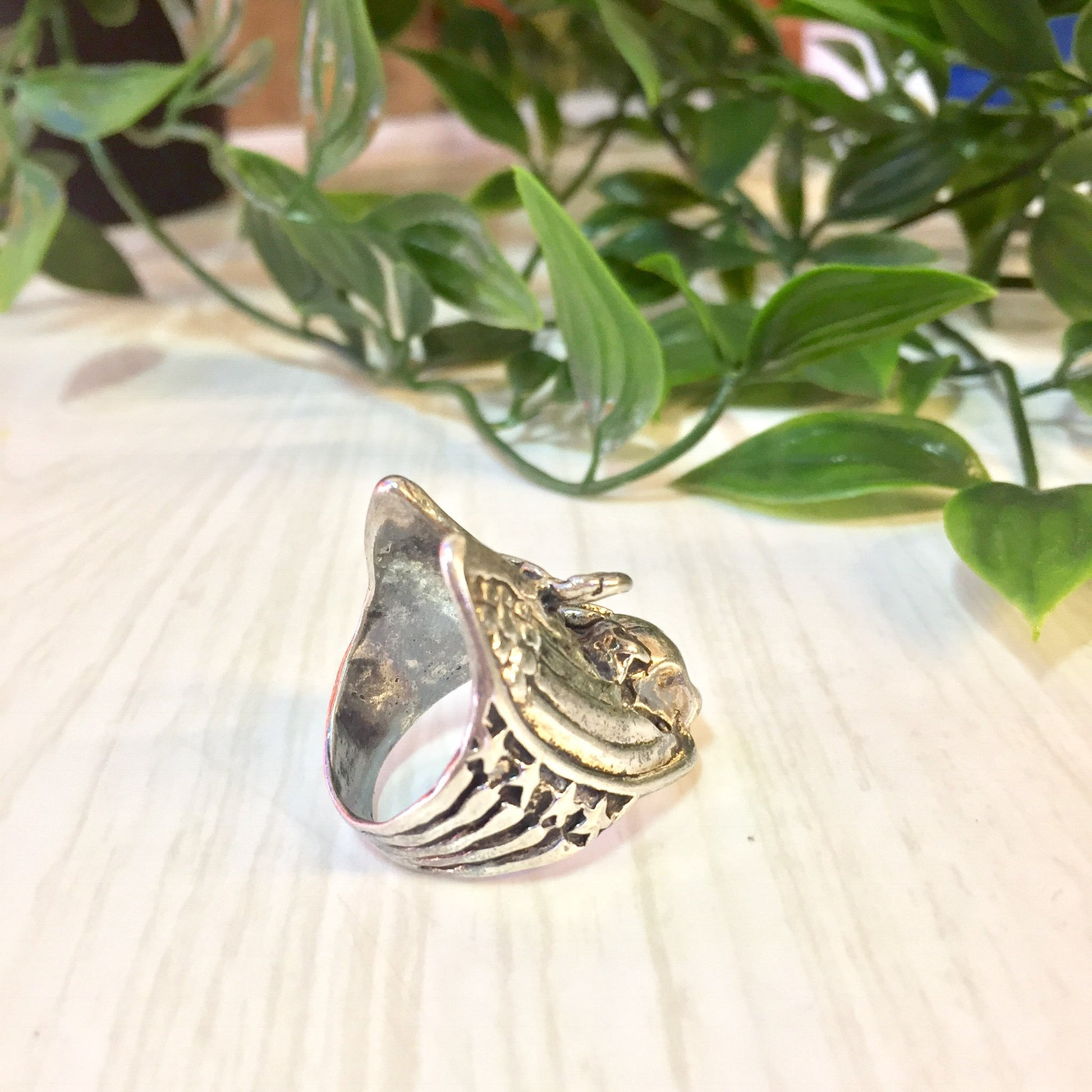 Vintage sterling silver eagle and skull biker ring displayed on white fabric with green leafy plant in background