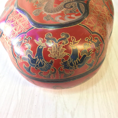 Vintage Asian laminated red box with gold and blue dragon designs, suitable for jewelry, trinkets, or as a catch-all dish. A unique and artistic gift featuring intricate Japanese or Asian artwork.