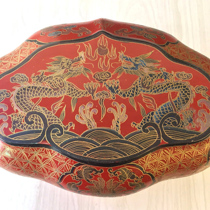 Vintage Asian red laminated box featuring intricate gold and blue dragon designs, suitable for holding jewelry, trinkets, or serving as a catch-all dish or gift.