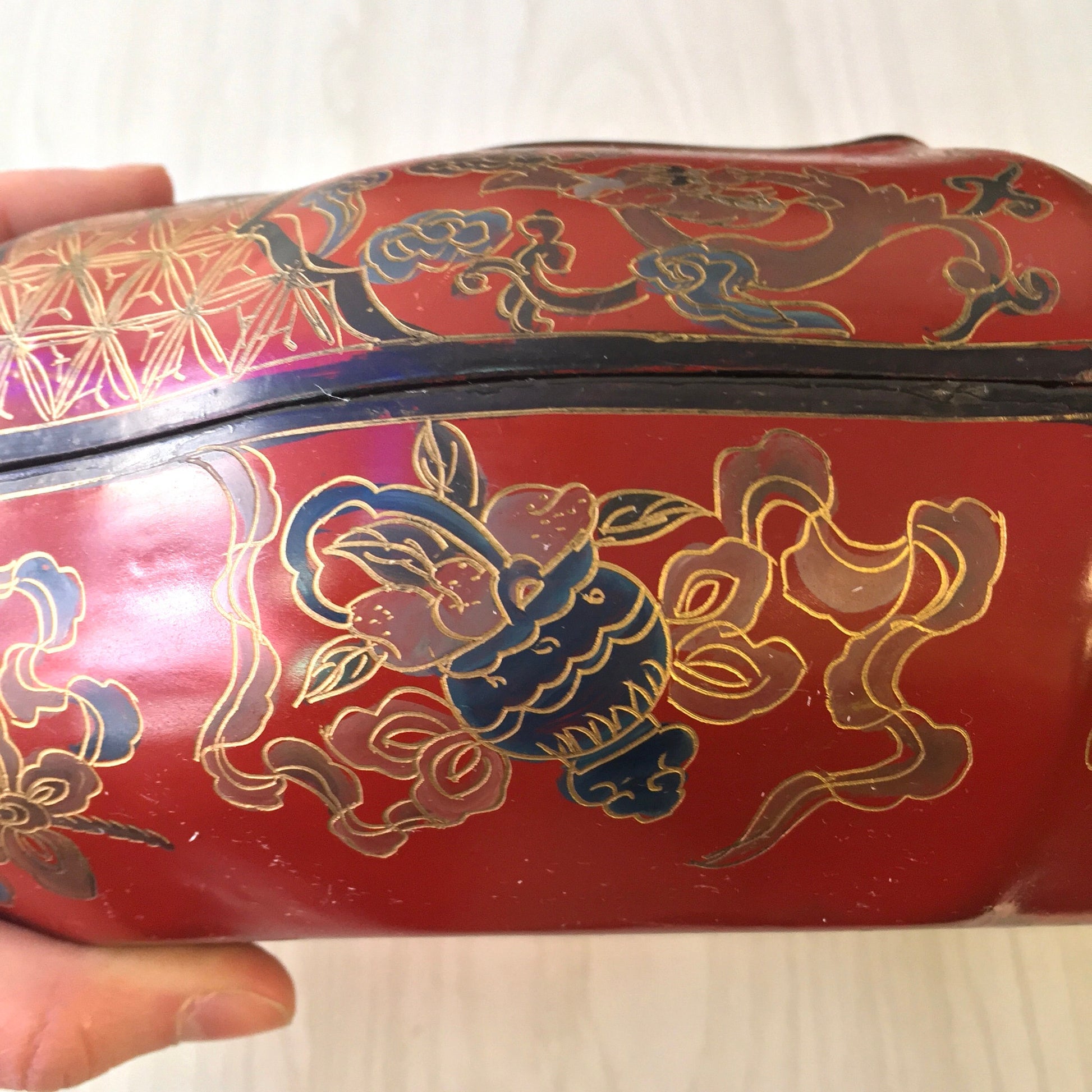 Vintage red Asian trinket box with gold and blue dragon design, laminated lidded jewelry catch-all dish, Japanese art gift