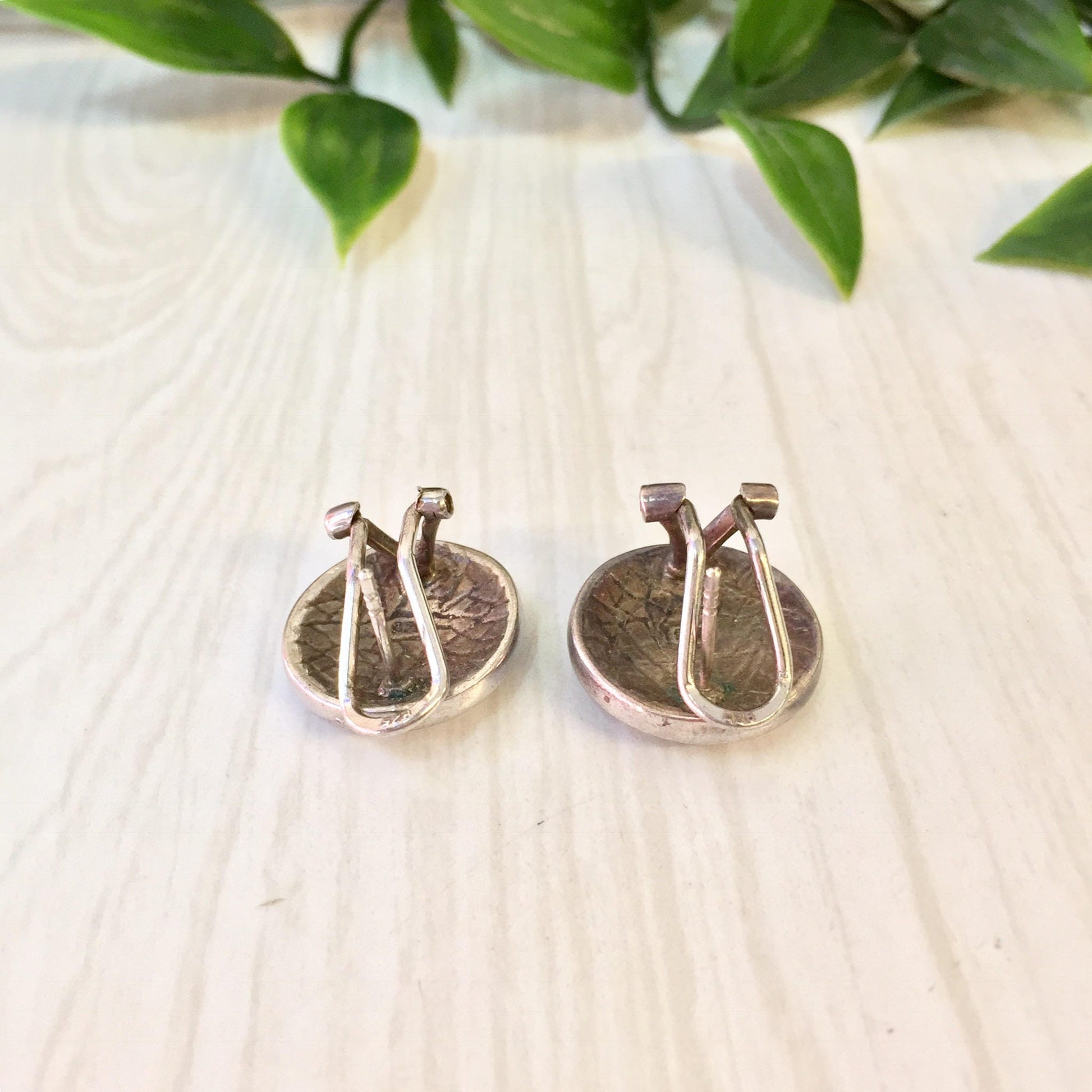 Vintage silver abalone shell earrings shaped like treble clefs displayed on a light wooden background with green leaves above