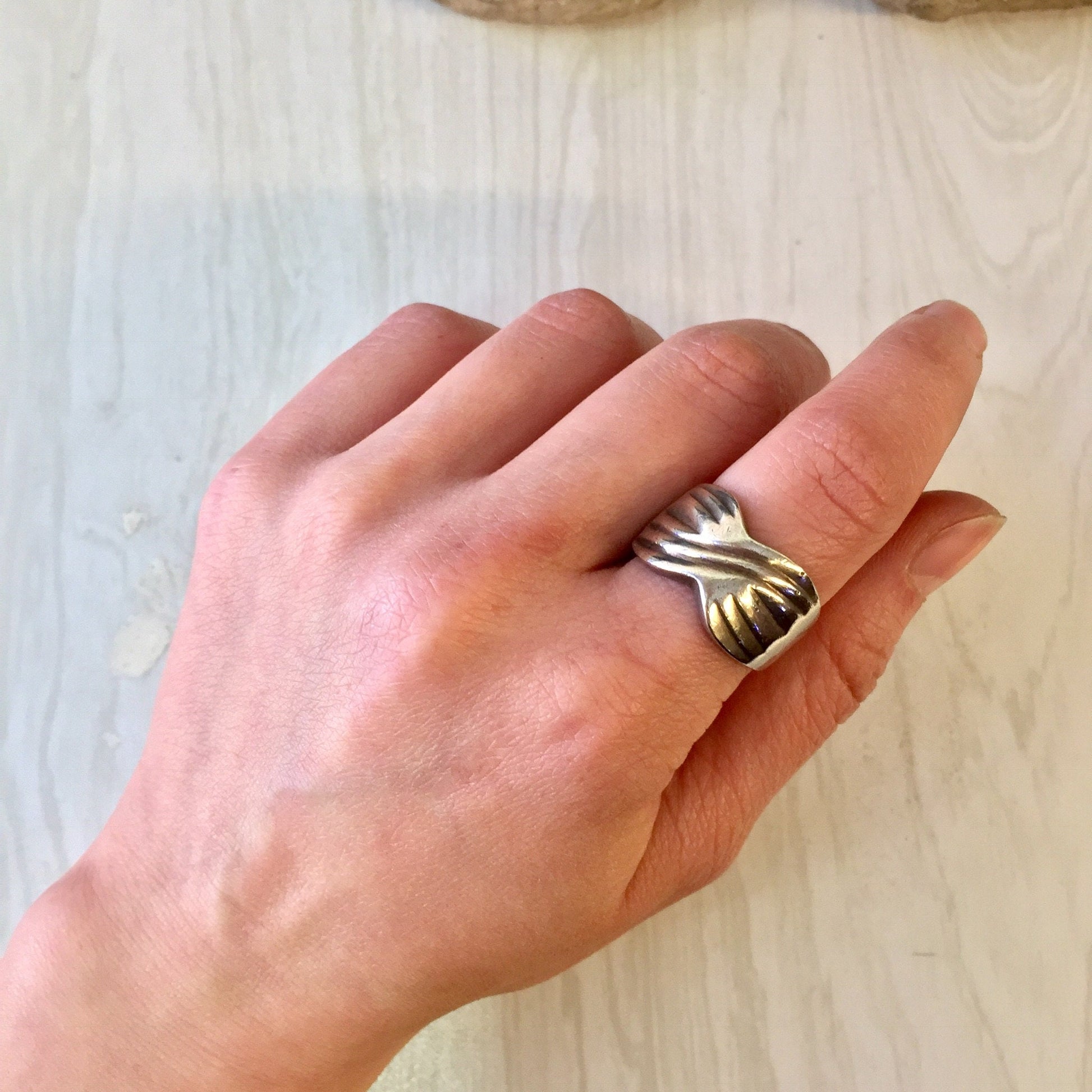 Vintage sterling silver wide band ring with X design on hand, statement jewelry gift for Mother's Day