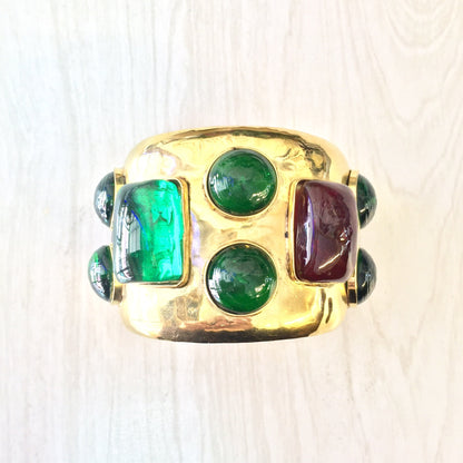 Vintage gold-toned cuff bracelet with large green and red gemstone beads