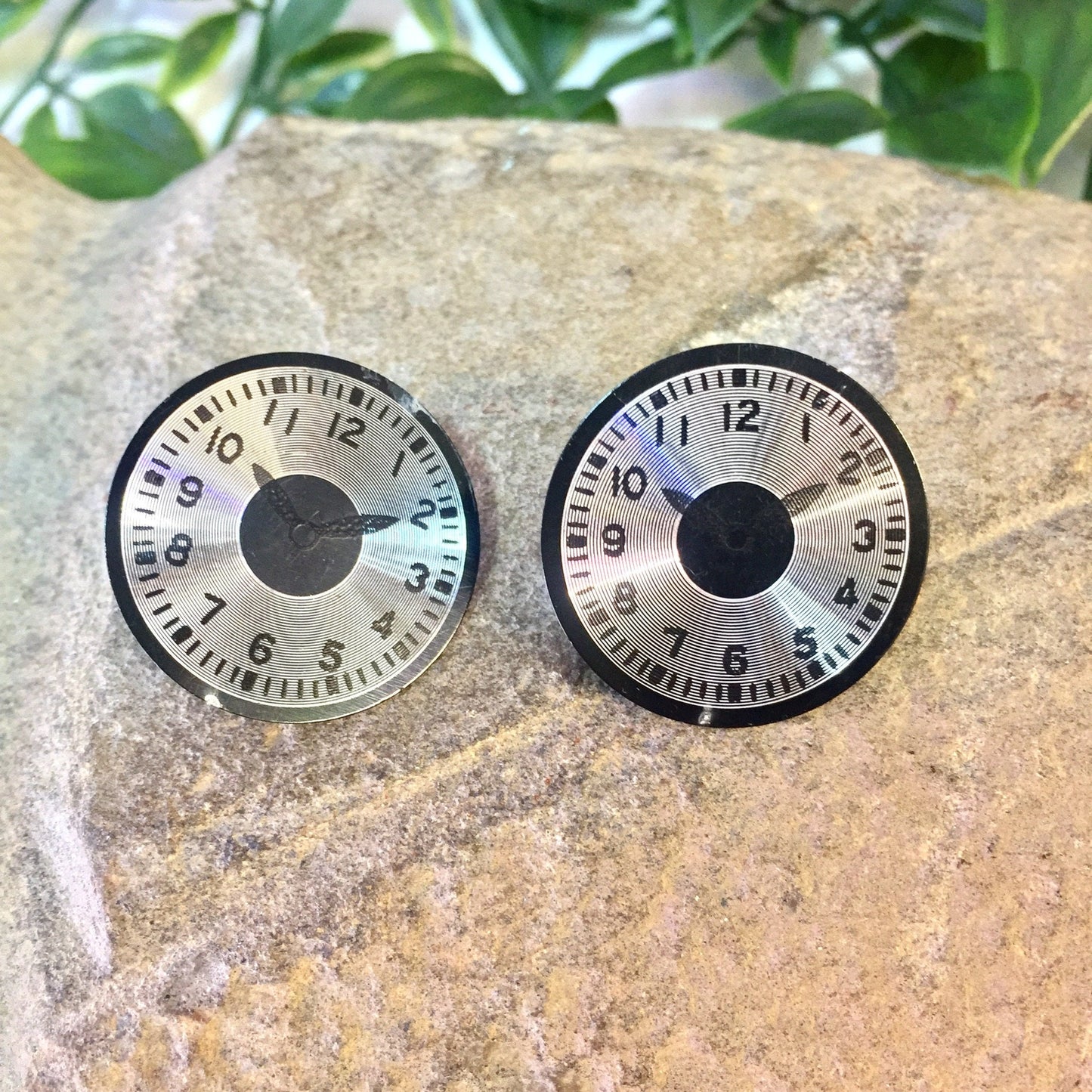 Vintage clock face disc earrings on stone surface with green leaves in background
