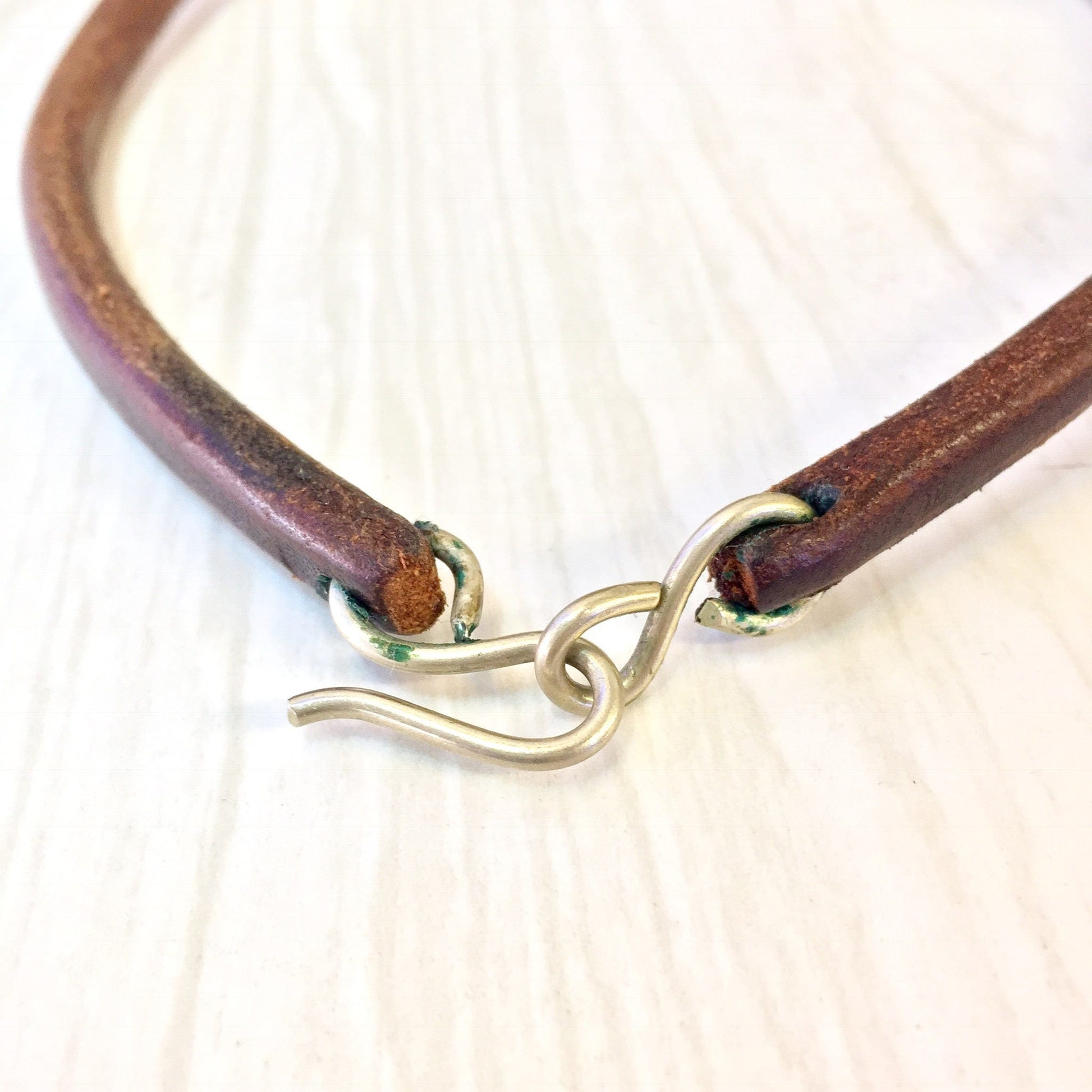 Vintage leather choker necklace with brass coil detail, unique ethnic statement jewelry perfect for a Mother's Day gift.