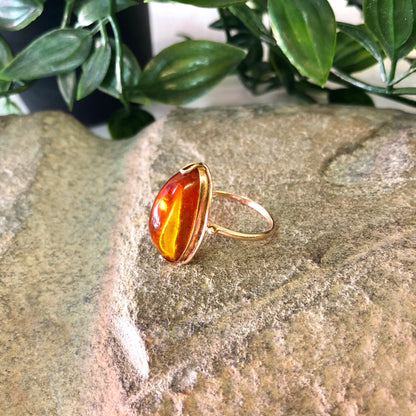 Vintage 10K yellow gold ring with amber stone set against rock and greenery background