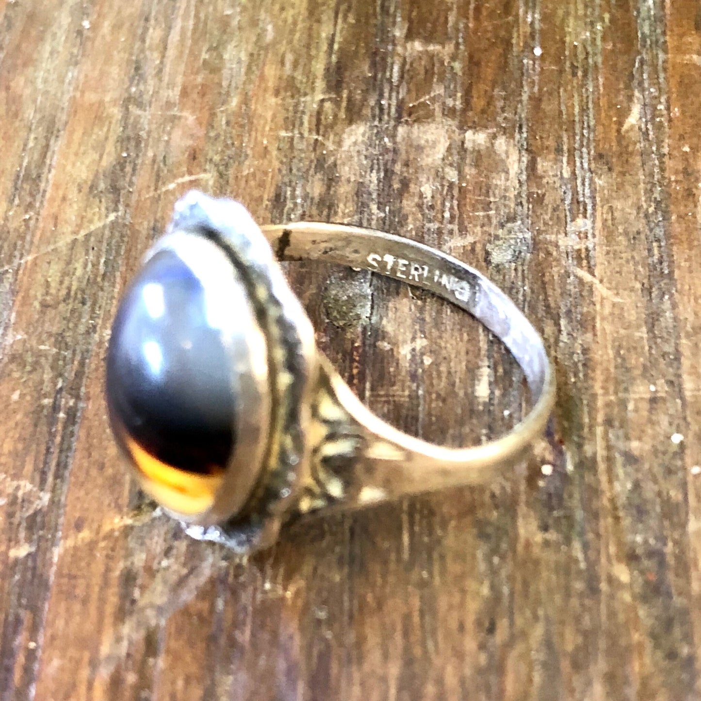 Vintage sterling silver ring with brown striped agate gemstone, bohemian jewelry, US size 5.5.