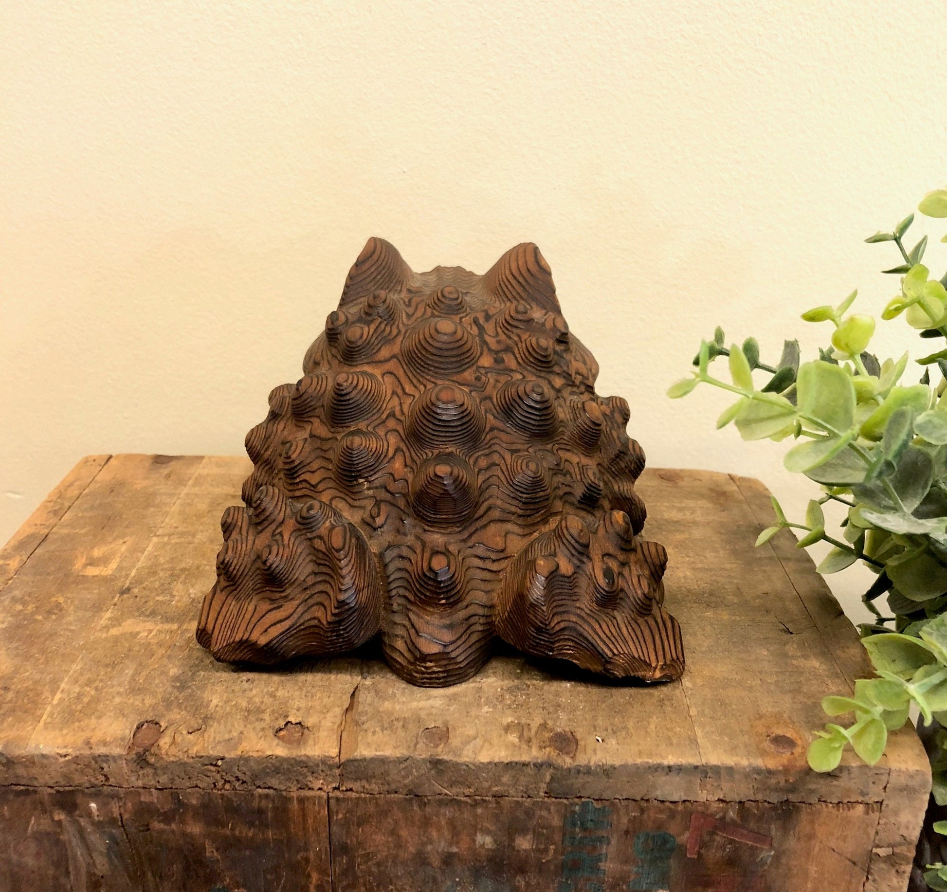 Vintage hand carved wooden frog sculpture with intricate textured design, displayed on rustic wooden surface alongside green plant, for unique animal-themed home decor accent.