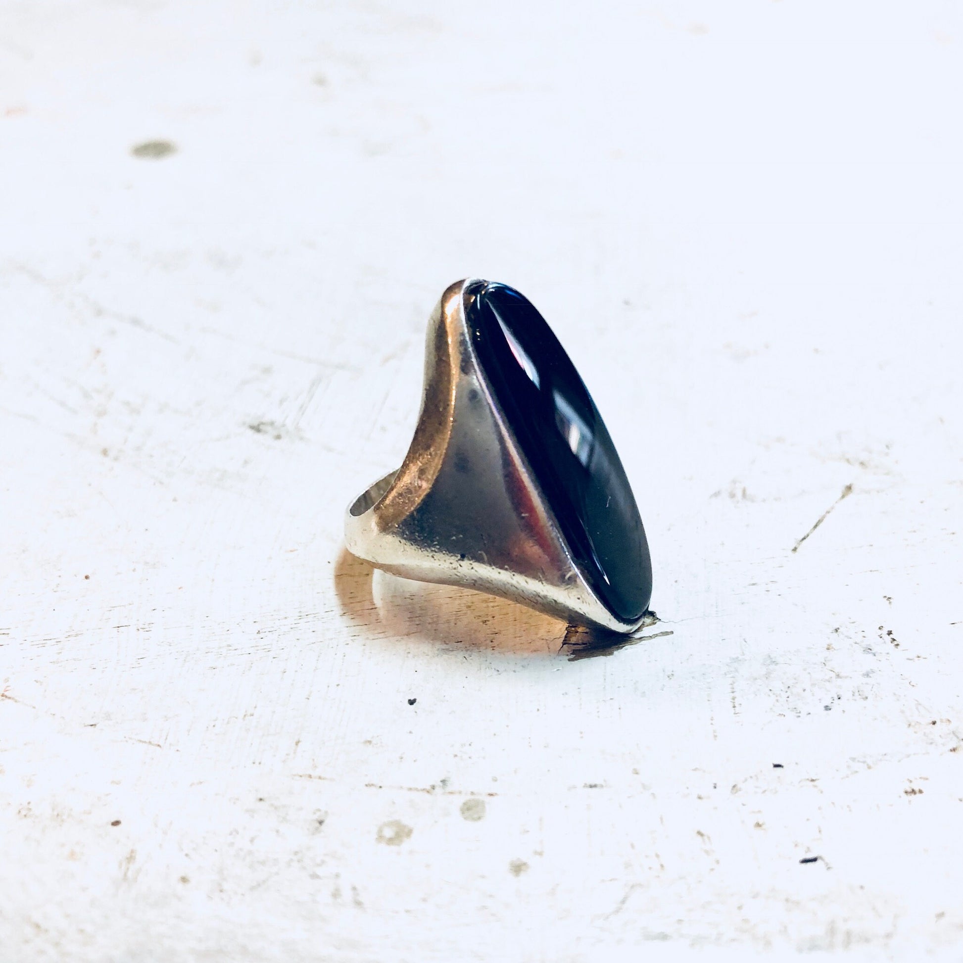 Vintage sterling silver ring with elongated black onyx stone, statement cocktail jewelry piece