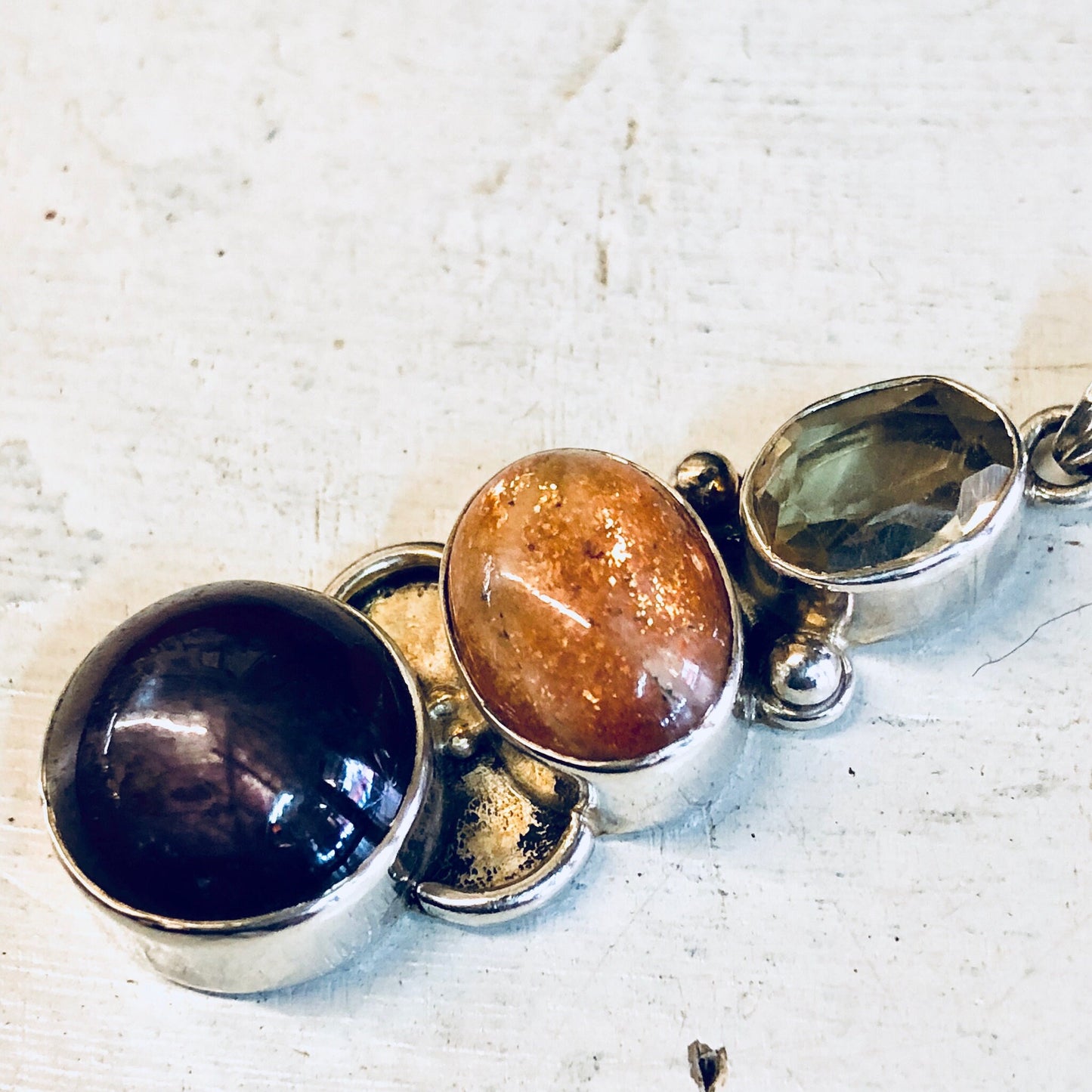 Vintage sterling silver pendant necklace with natural smoky quartz, orange and purple stones