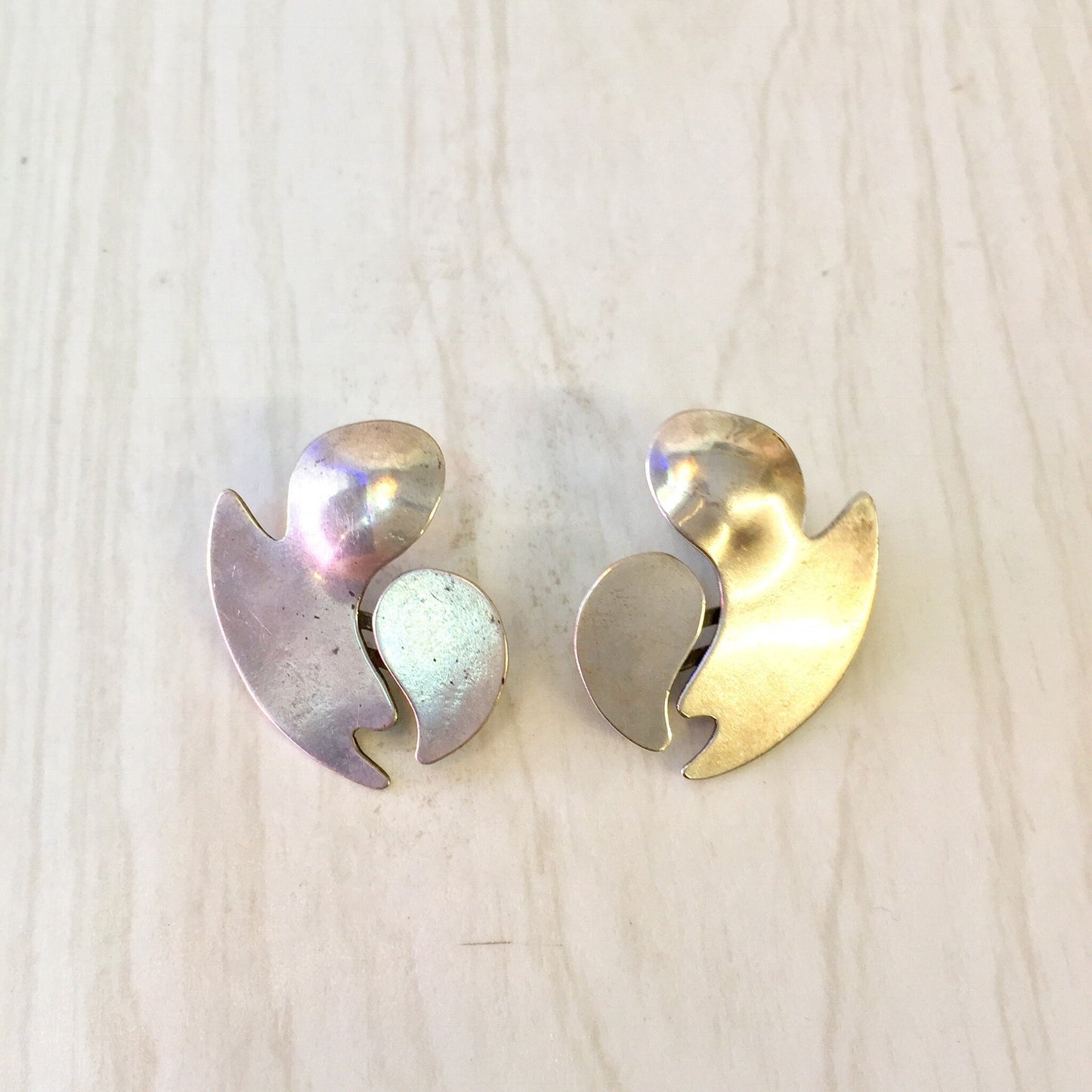 Vintage abstract sterling silver earrings with iridescent surface, statement jewelry gift for mom or Mother's Day