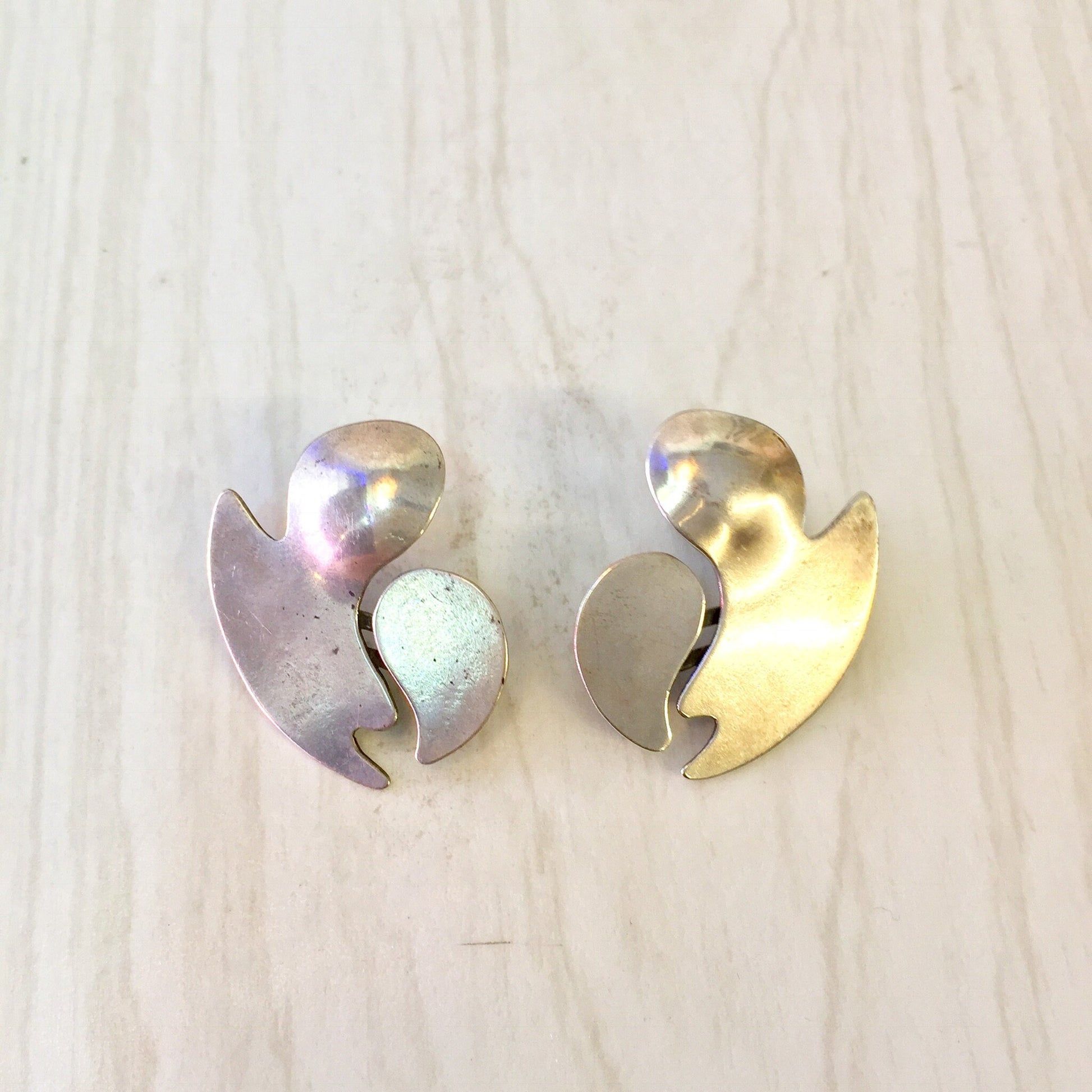 Vintage abstract sterling silver earrings with iridescent surface, statement jewelry gift for mom or Mother's Day