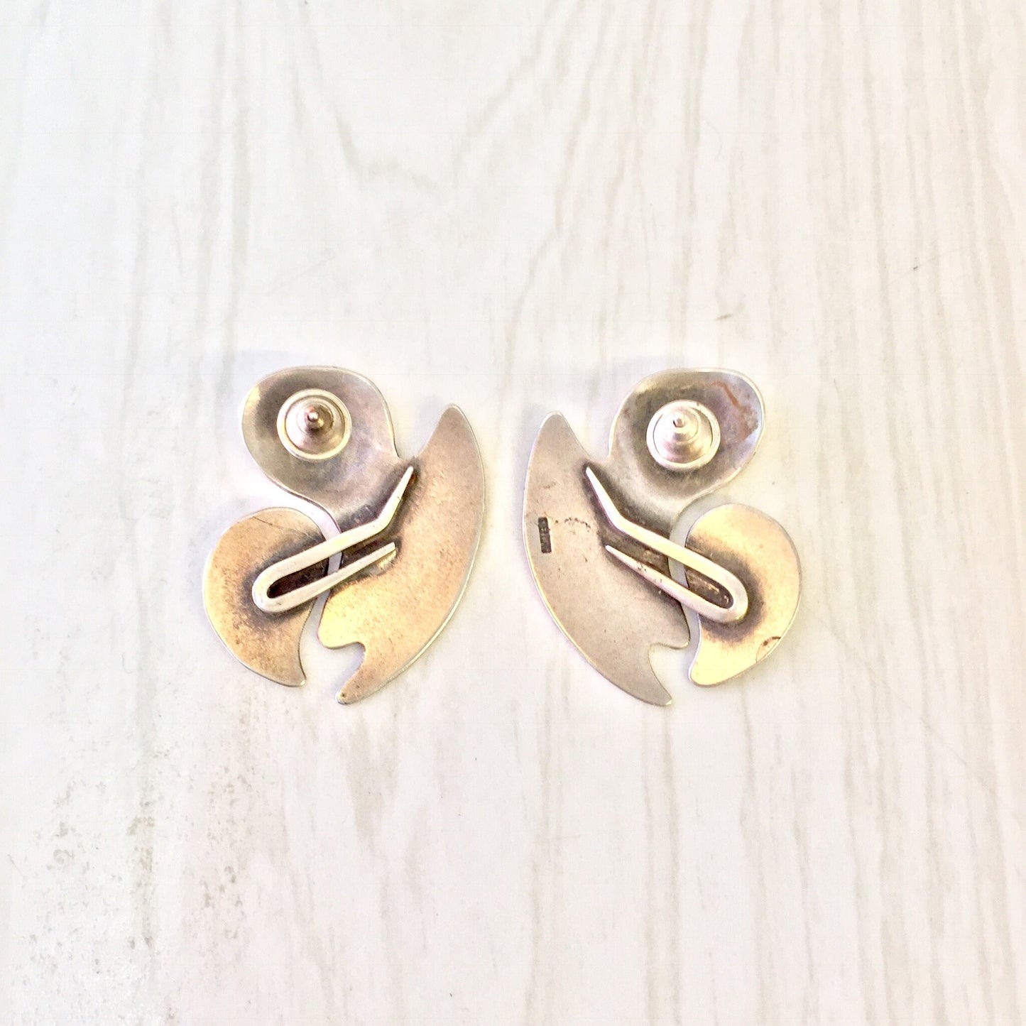 Vintage abstract sterling silver statement earrings, unique swirl design with brass accent, perfect Mother's Day gift or gift for mom