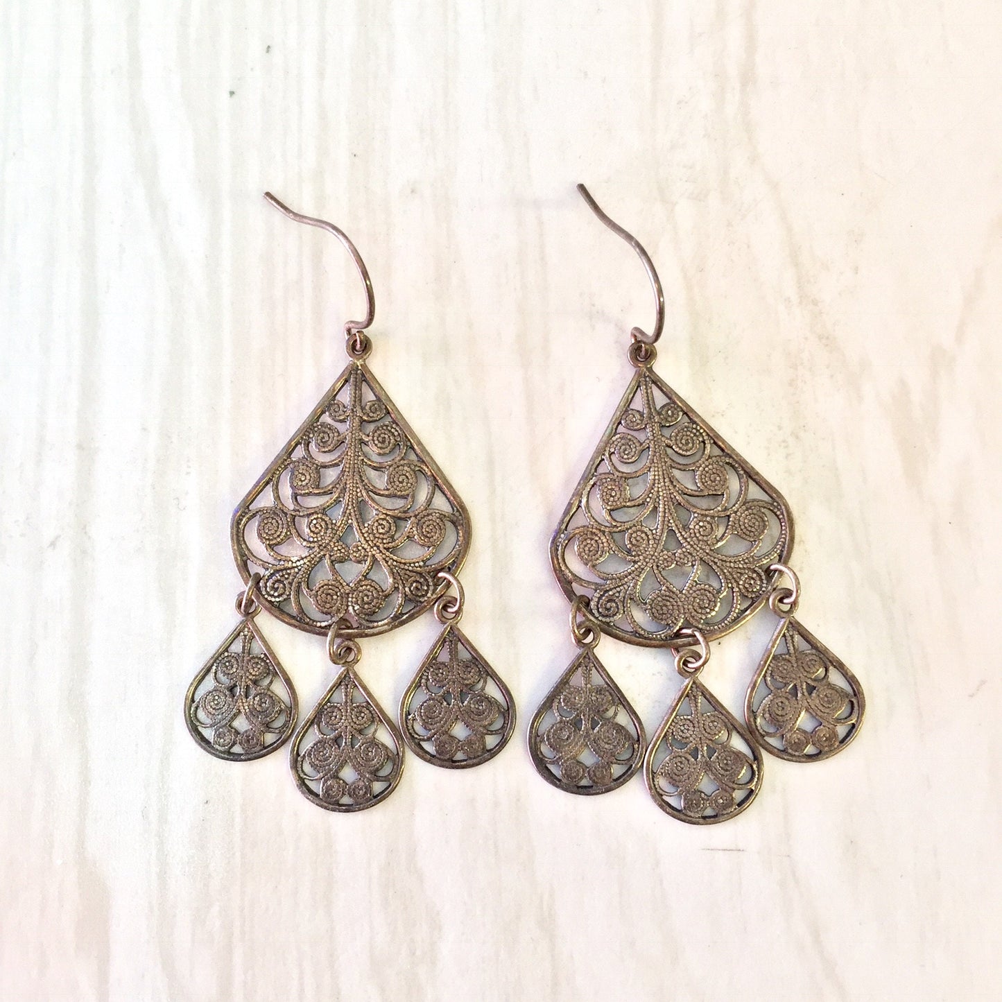 Vintage silver tone filigree chandelier dangle earrings, statement jewelry