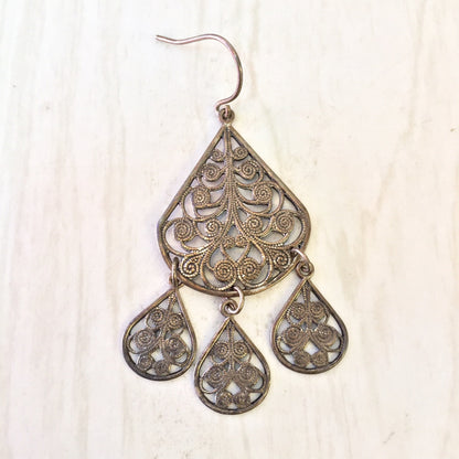 Vintage silver tone filigree chandelier dangle earrings, statement jewelry