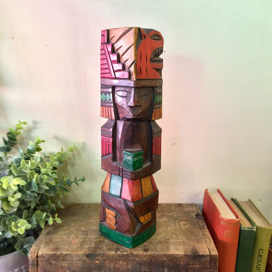 Vintage Wood Carving, Tiki Statue, Vintage Home Decor, Carved Wood, Ethnic Home Decor, Wood, Red, Yellow, Green, Orange, Brown, Statue