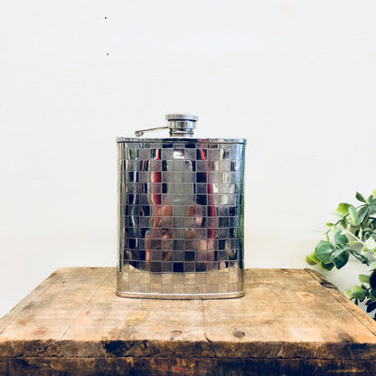 Vintage stainless steel flask with checkered pattern, 6 ounce capacity, retro barware for whisky, spirits and booze