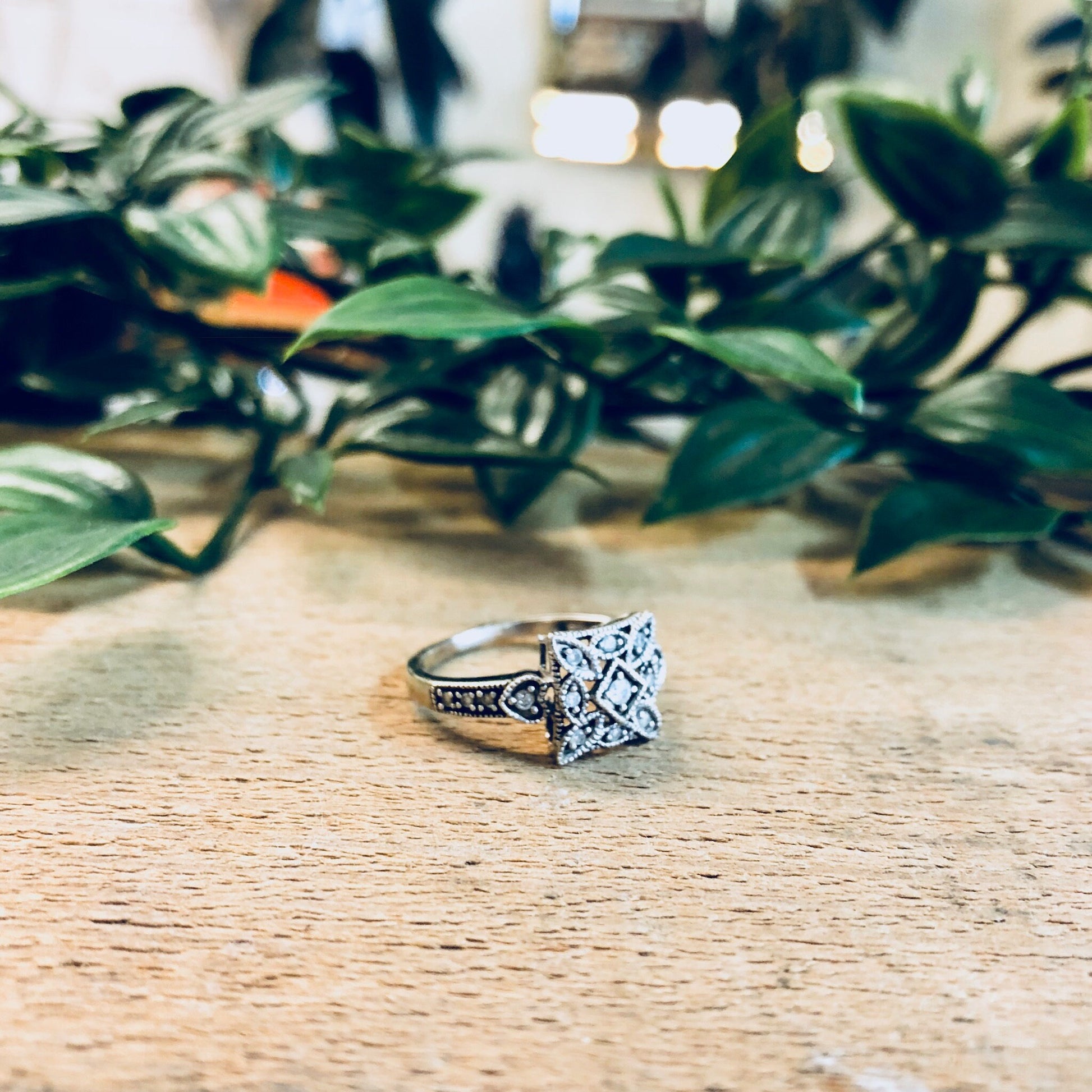 Vintage 14K white gold Art Deco diamond engagement ring with intricate geometric design, displayed on wooden surface with leafy green foliage background, perfect for wedding jewelry or bride-to-be.