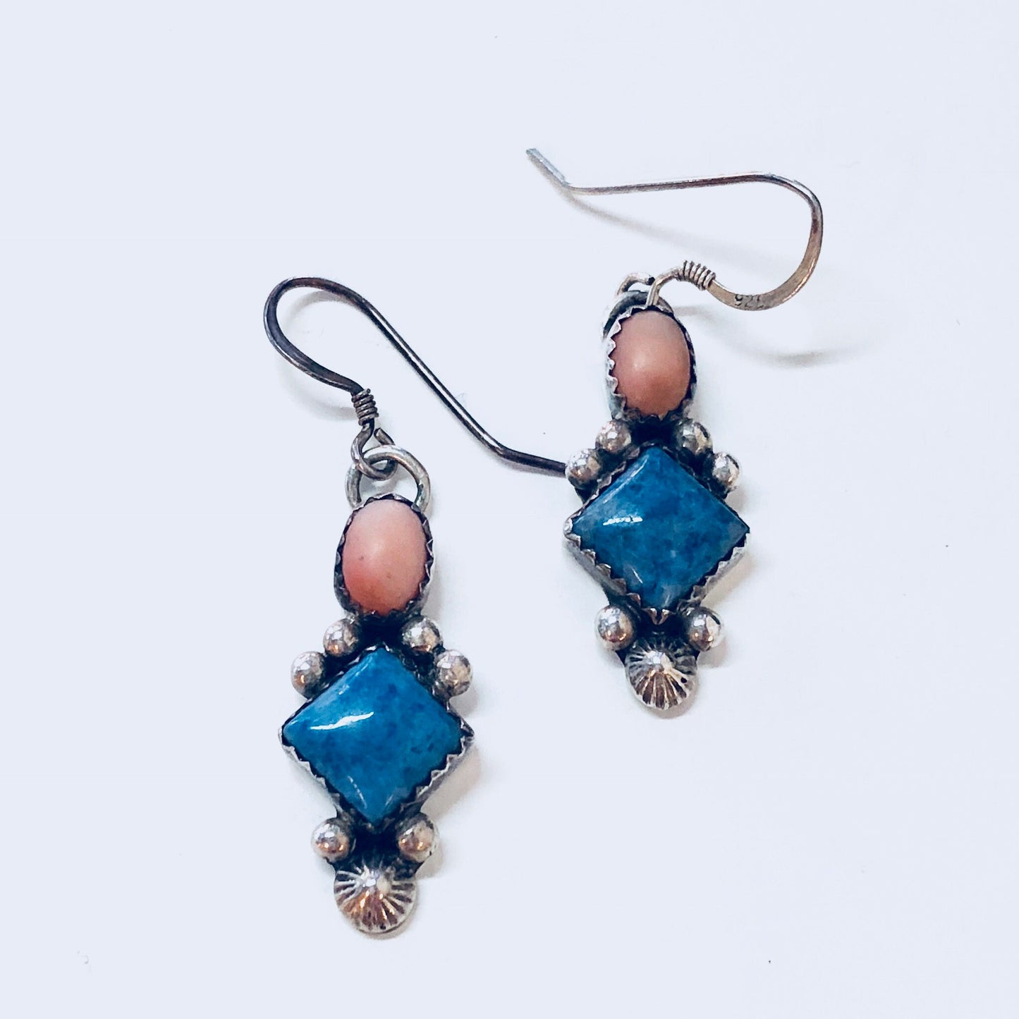 Vintage sterling silver dangle earrings with blue gemstones and pink accents, statement drop earrings for pierced ears