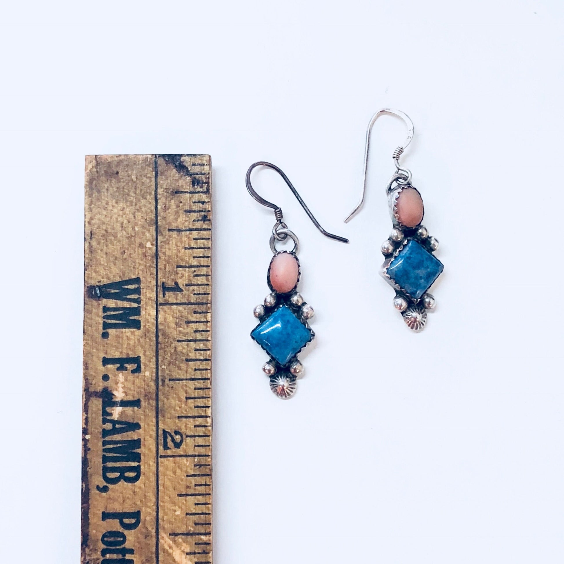 Vintage blue and pink dangle earrings in sterling silver with ruler for scale, statement drop earrings for pierced ears