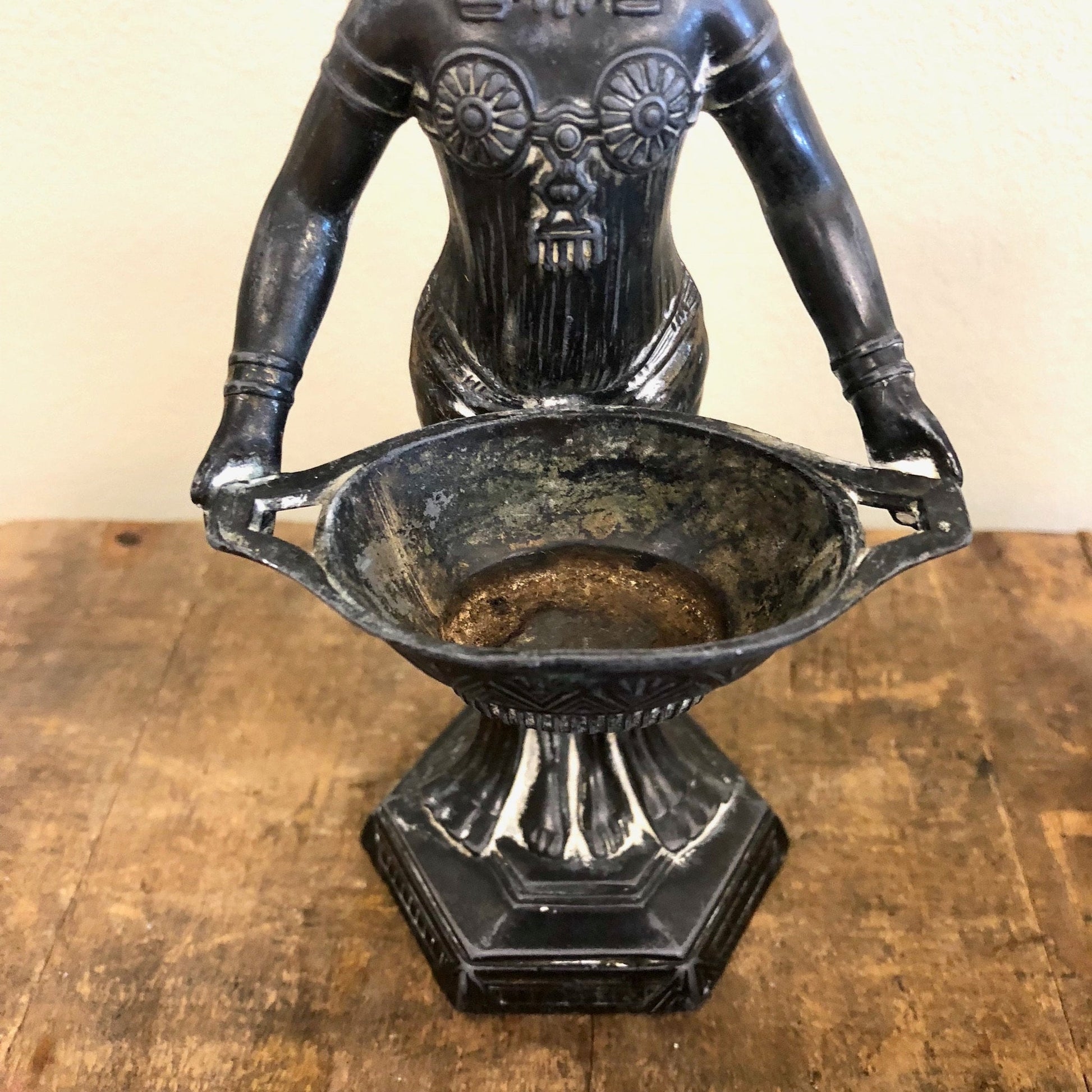 Bronze Egyptian Revival incense burner sculpture depicting a female figure holding a bowl, with detailed decorative designs on the base, in an antique patina finish.