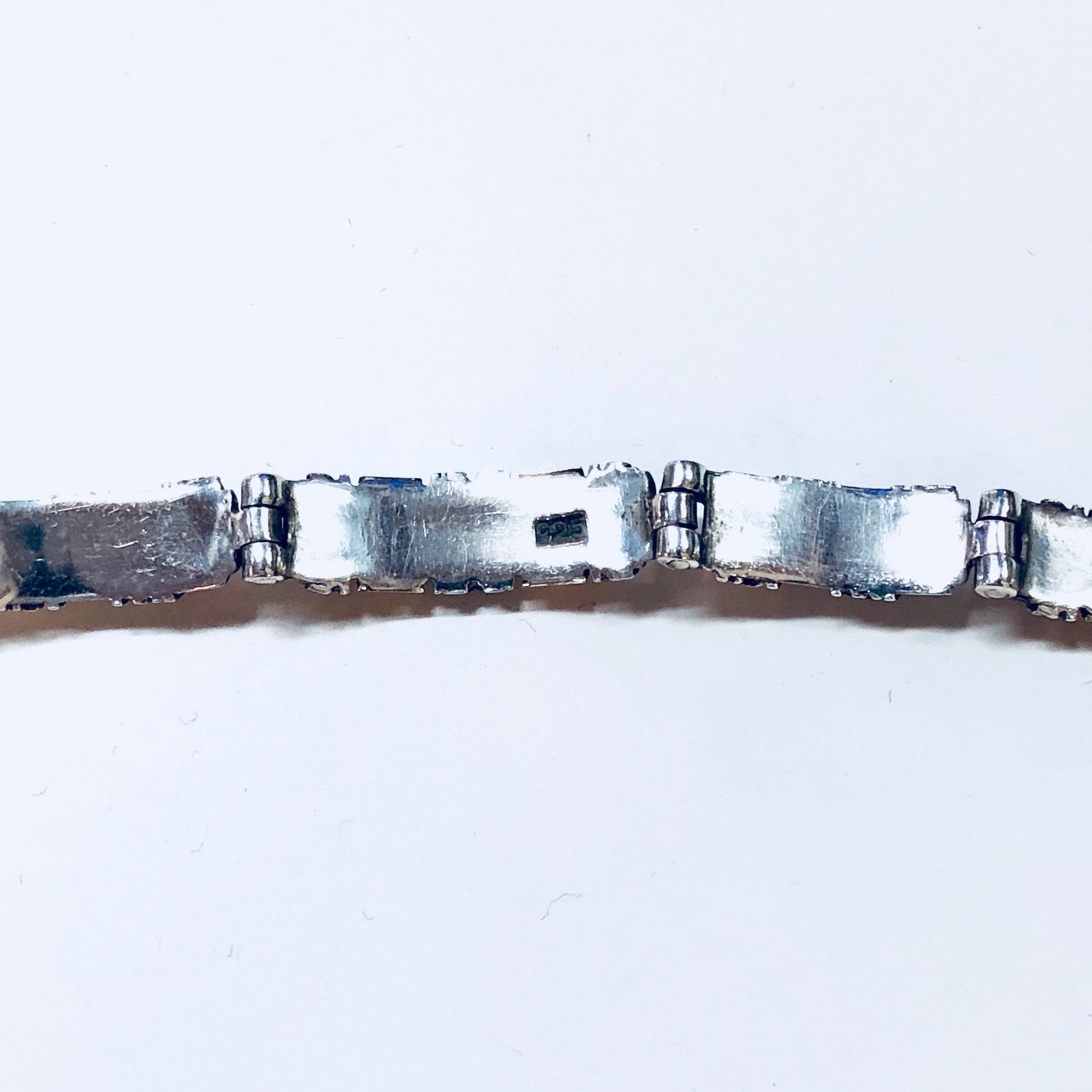 Silver and gold vintage sterling silver link bracelet with inlay design, marked 925, ideal for anniversary gift or adding to a vintage jewelry collection.
