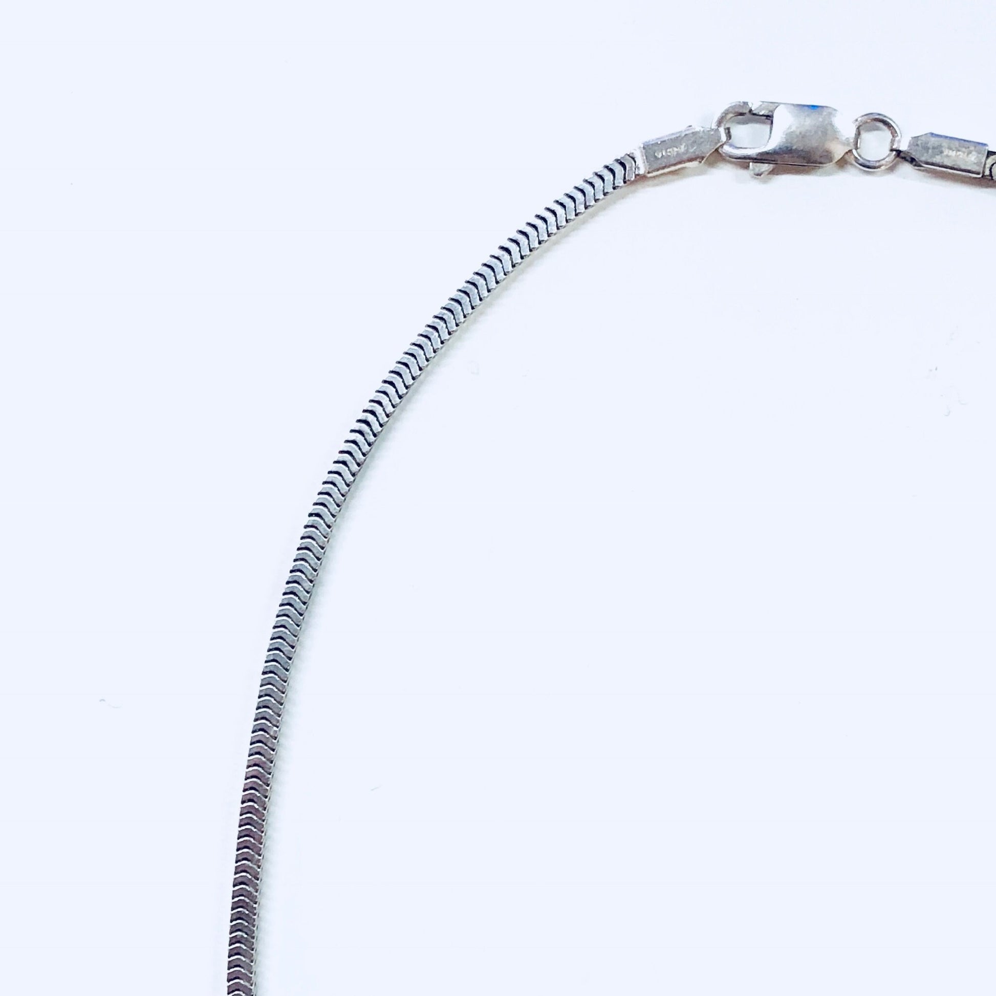 Vintage sterling silver box chain necklace with lobster claw clasp, thick snake chain design, made in India 925 silver hallmark stamp, suitable as anniversary gift jewelry.