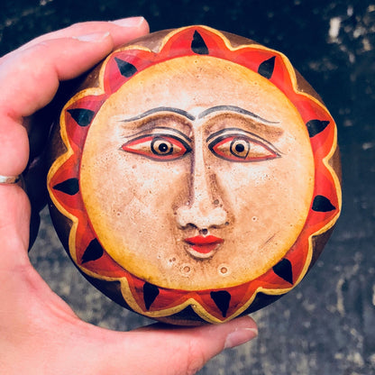 Wooden sun face box with carved details in red, orange and yellow hues, vintage home decor lidded container for jewelry or trinkets