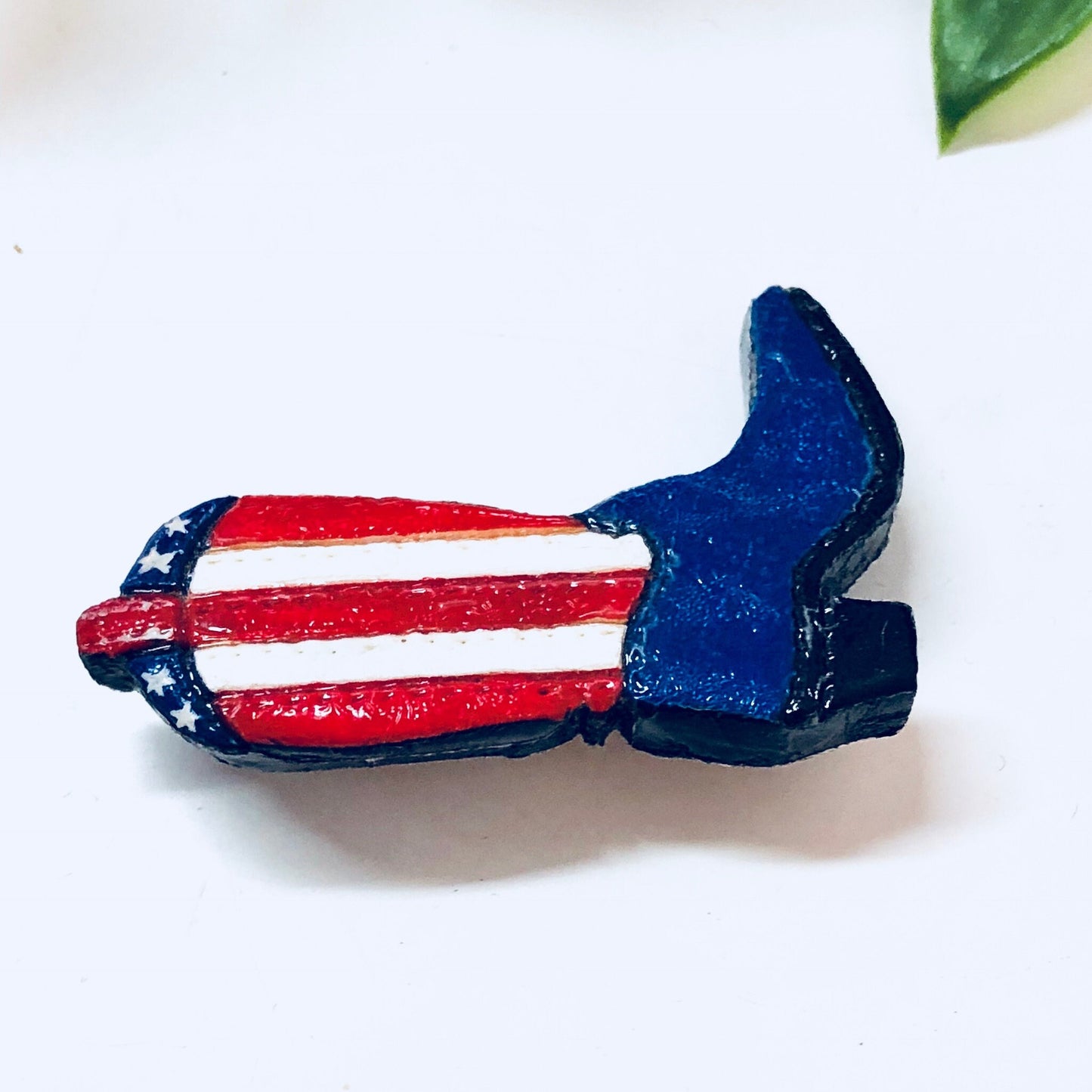 Vintage American flag cowboy boot pin brooch with glittery red, white and blue enamel design and star pattern, cowboy boot shape, patriotic shoe jewelry.