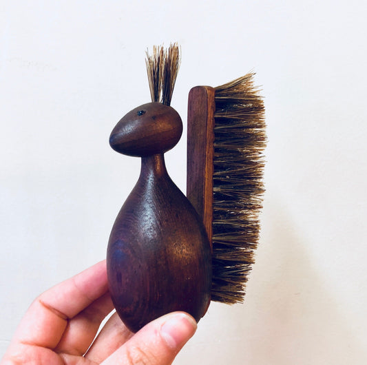 Wooden animal-shaped brush with bristles, vintage squirrel scrub brush, carved from dark wood, rustic home decor