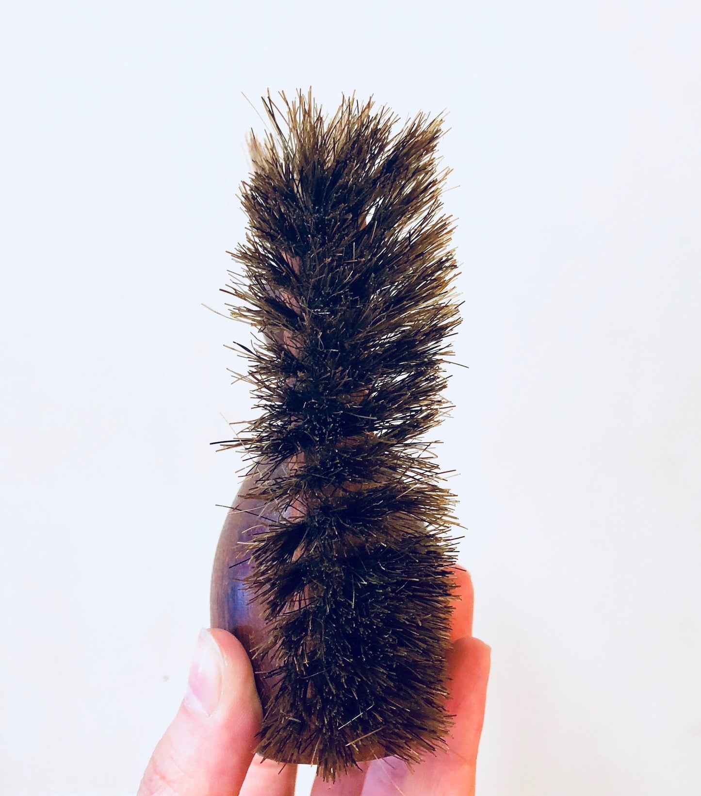 Vintage wooden scrub brush with natural bristles resembling a squirrel's tail, suitable for rustic home decor