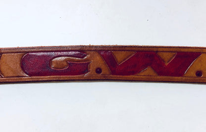 Vintage brown leather cowboy belt with geometric design and hook buckle, southwestern style skinny belt