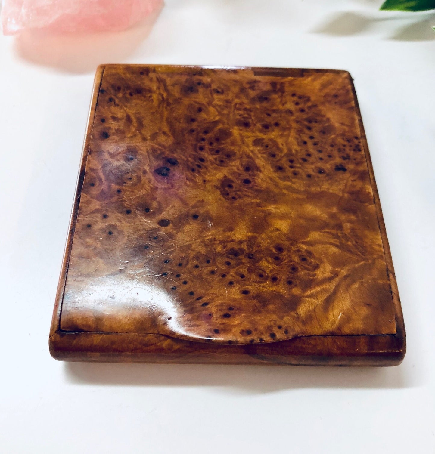 Vintage wooden hinged box with light brown burl wood grain pattern, suitable for use as a cigarette case, business card holder, or small container.