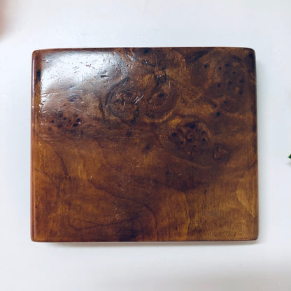 Vintage wooden hinged box with a glossy light brown finish and burl wood grain pattern, suitable for use as a cigarette case, business card holder, or small container.