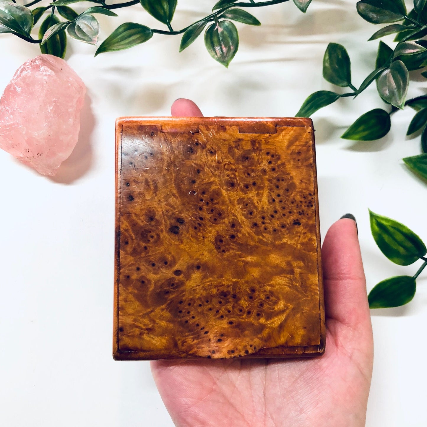 Vintage wooden hinged box with burl wood pattern held in hand with leaves in background, can be used as cigarette case or business card holder