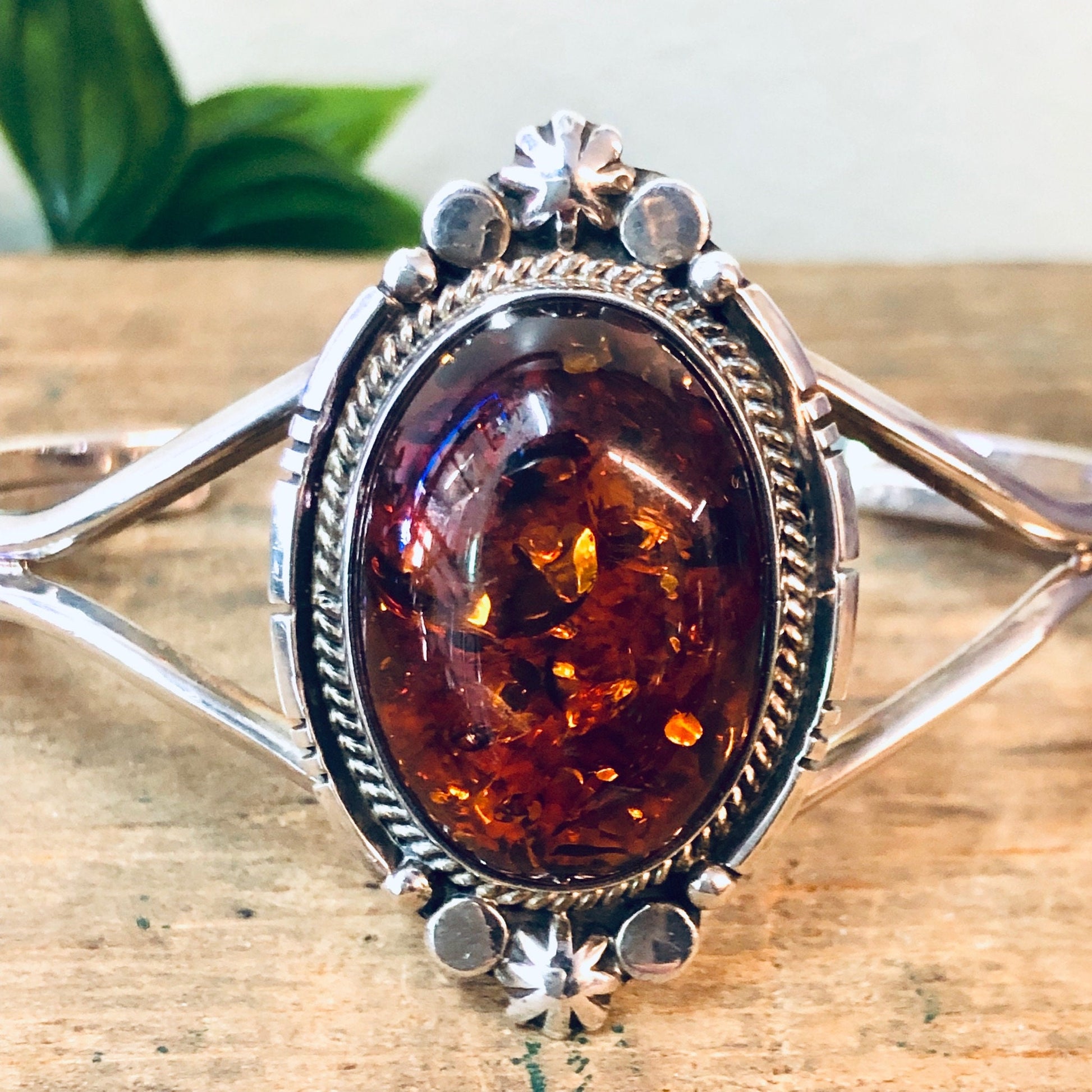 Vintage amber gemstone silver cuff bracelet with orange stones, perfect Valentine's Day or anniversary gift for wife or girlfriend.