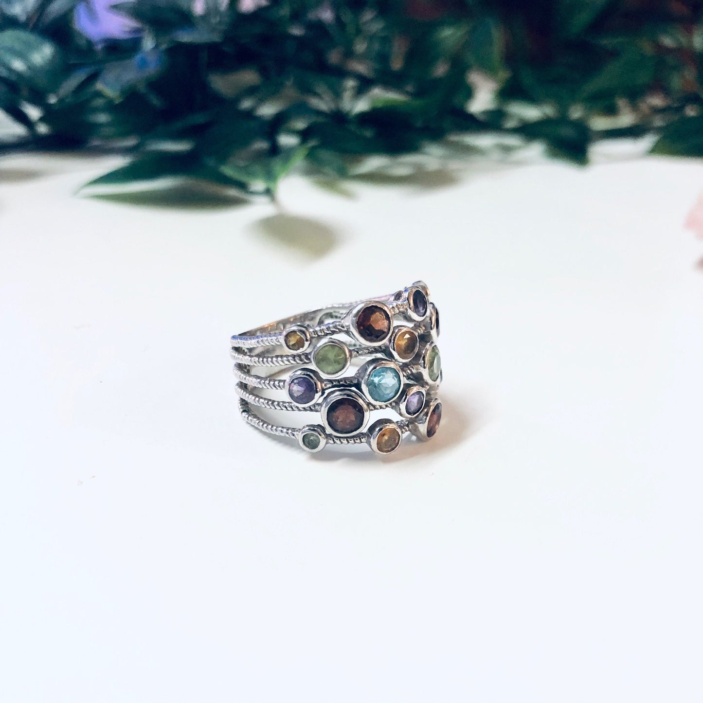 Vintage silver multi-band ring with purple, blue, red, green and yellow gemstones, statement jewelry, large 925 silver ring